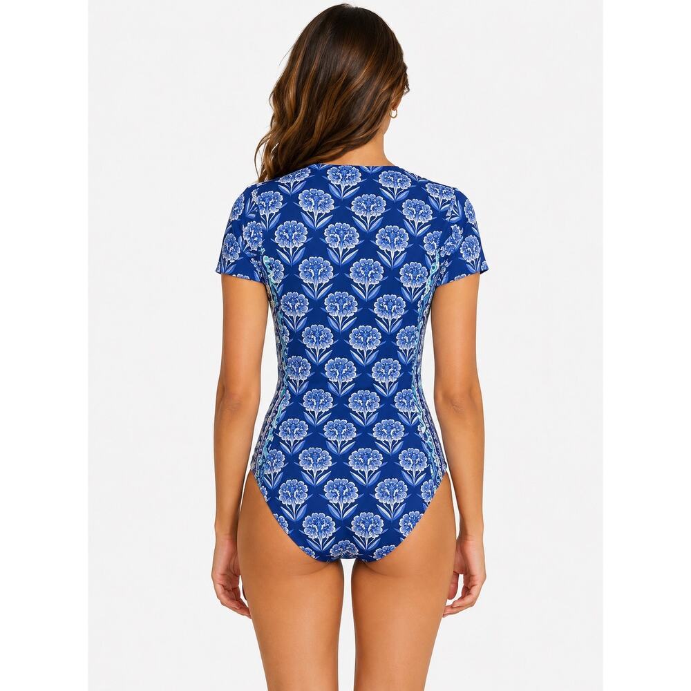 Johnny Was Indigo Floral Neoprene One Piece Swimsuit Boho XS UPF 50 Coastal - Picture 2 of 9